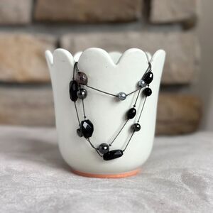 Vintage Y2K Black Gunmetal Faux Pearl Layered Multi Strand Bead Necklace 2000s